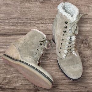 J. Crew Tan Taupe Genuine Suede Leather Shearling Wedge Ankle Boots Sz 7